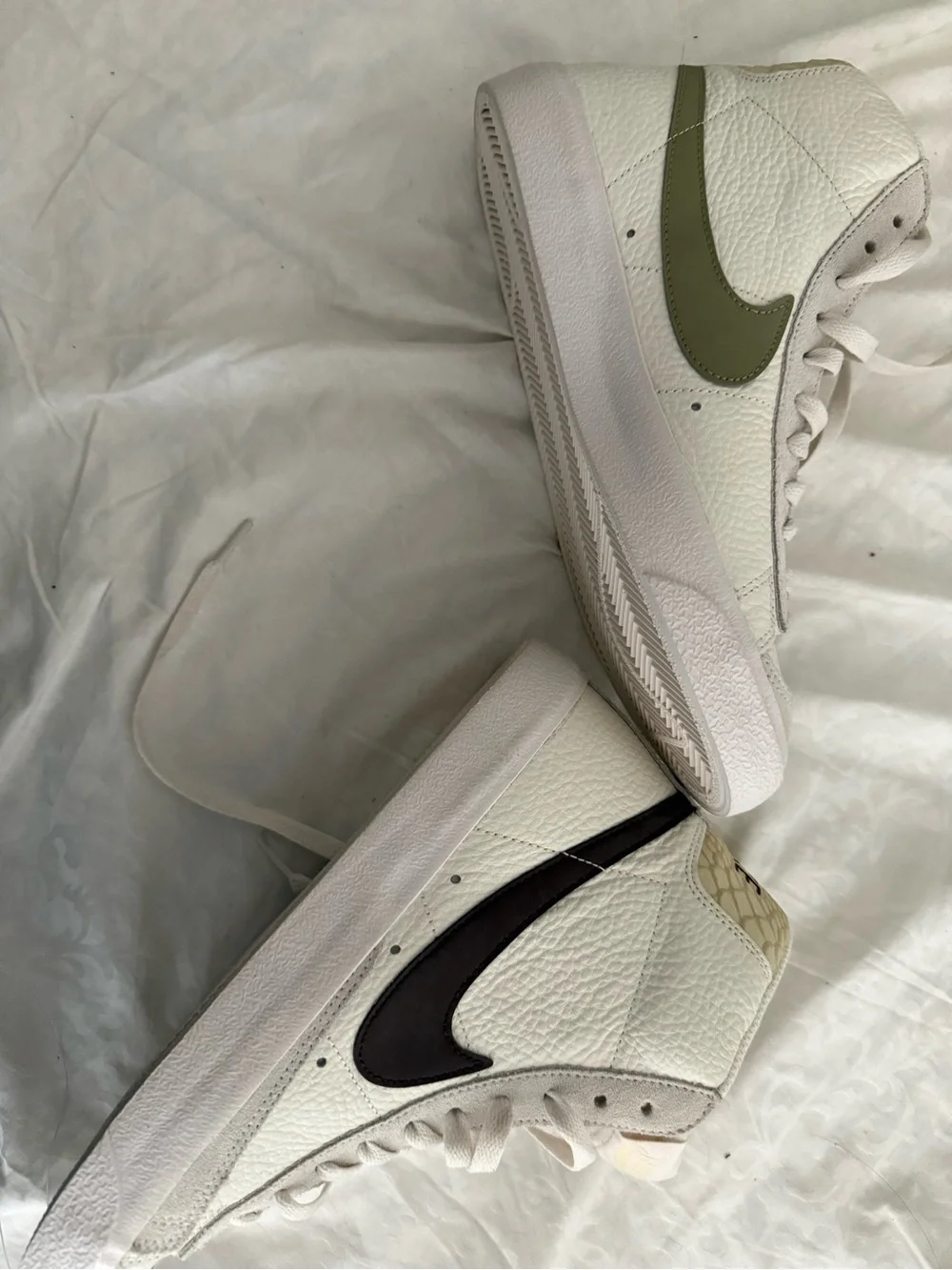 Nike Women’s Mid-Top Sneakers in White with Olive & Burgundy Swooshes